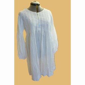 Cotton Voile Hand Embroidered pintuck pleats Babydoll Dress Bishop Sleeve L